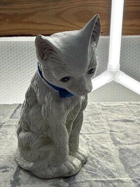 White Ceramic Cat Figurine Blue Bow Retro Home Decor